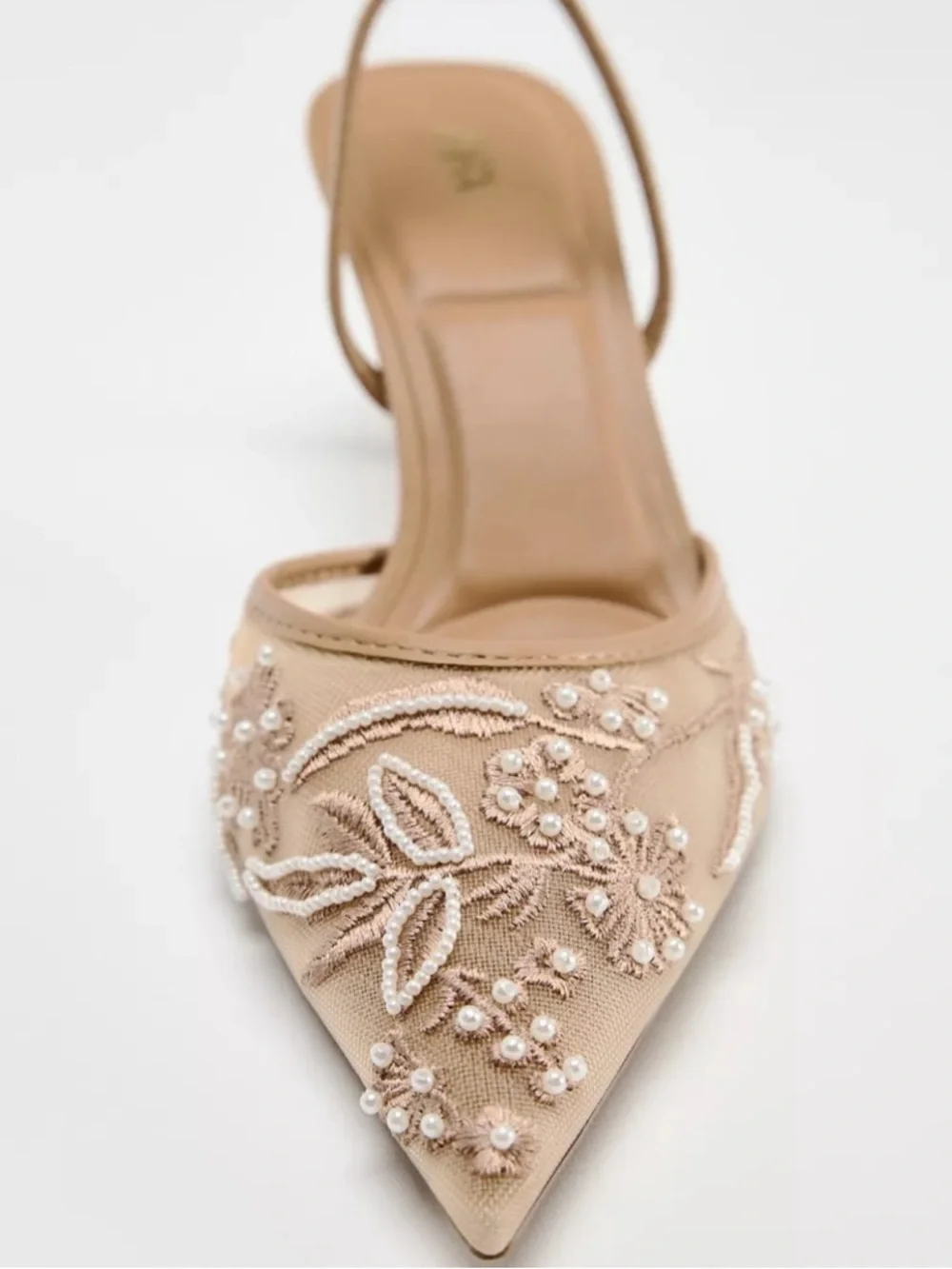 Zara tan embroidered & beaded mesh sling-back heels. 10 NWT
